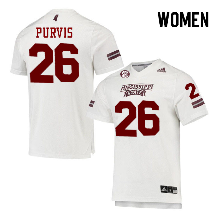 Women #26 JP Purvis Mississippi State Bulldogs College Football Jerseys Stitched-White